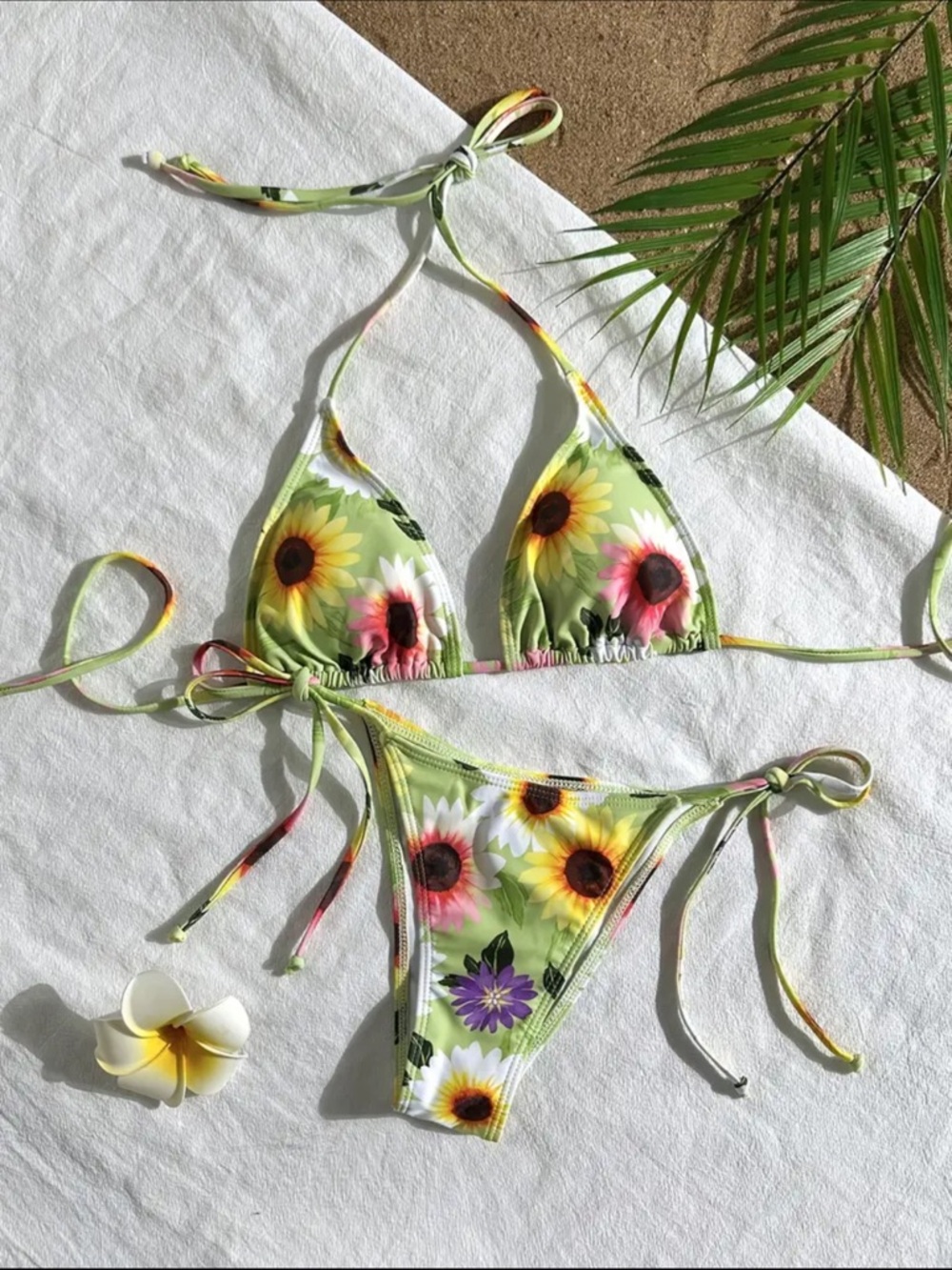 Floral Sunflower Halter Side Tie Bikini Set
